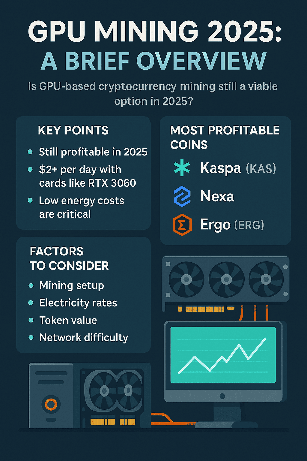 GPU mining profitability 2025 infographic showing ROI, top coins like Kaspa, Nexa, Ergo, and daily earnings for RTX 3060, RX 6600 XT, RTX 3070