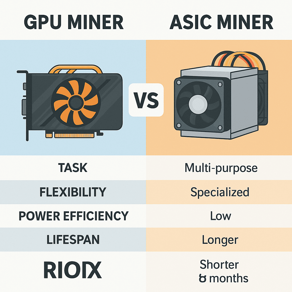 Visual comparison chart of GPU mining vs ASIC mining in 2025, showing flexibility, power efficiency, and use cases.