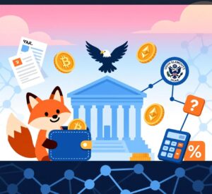 Friendly MetaMask fox with wallet, IRS eagle, government building and calculator - cryptocurrency tax guide illustration with blockchain network 