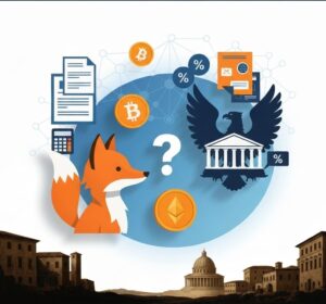 MetaMask fox and IRS eagle with question mark, tax documents and cryptocurrency coins in circular design - crypto tax reporting concept 